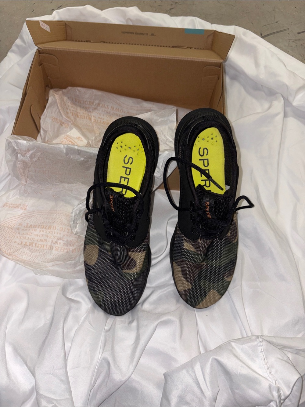 Sperry Camouflage Lace-Up Sneakers with Neon Yellow Insoles